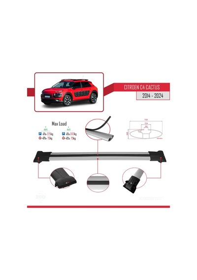 Citroen C4 Cactus 2014 Ve Sonrası İle Uyumlu Fly Model Ara Atkı Tavan Barı Gri 3 Adet Bar