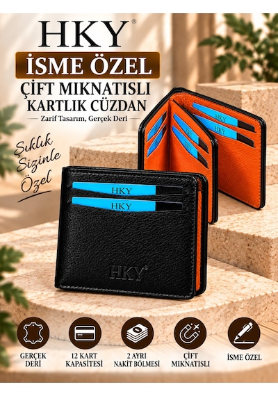 Hky İsme Özel Hakiki Deri Çift Mıknatıslı Erkek Cüzdan Kartlık Siyah - Turuncu