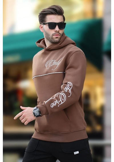 Madmext Kahverengi Kapüşonlu Şerit Detaylı Baskılı Erkek Sweatshirt 7091 Kahverengi