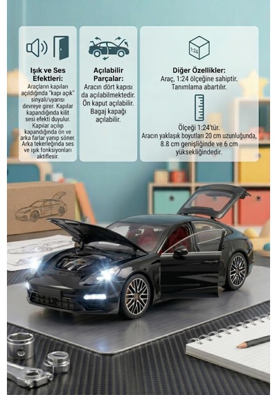 Işıklı Sesli Pilli 1:24 Metal Porsche Panamera Turbo Kapısı Kaputu Ve Bagajı Açılabilir Model Araba Siyah