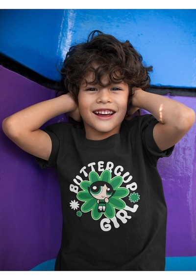 Sevbano Power Puff Girls Buttercup Girl Baskılı Unisex Çizgi Film Çocuk T Siyah