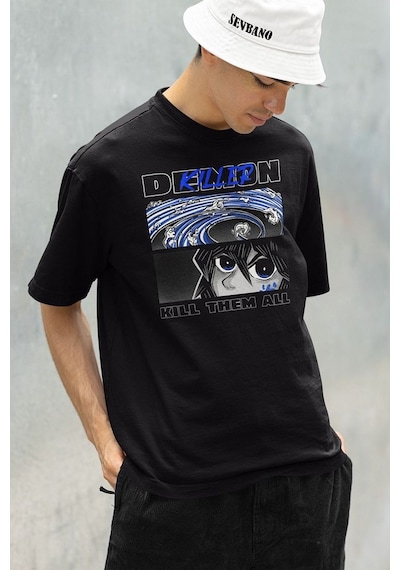 Demon Killer Kill Them All Baskılı Unisex Anime Karakter Tişört Siyah