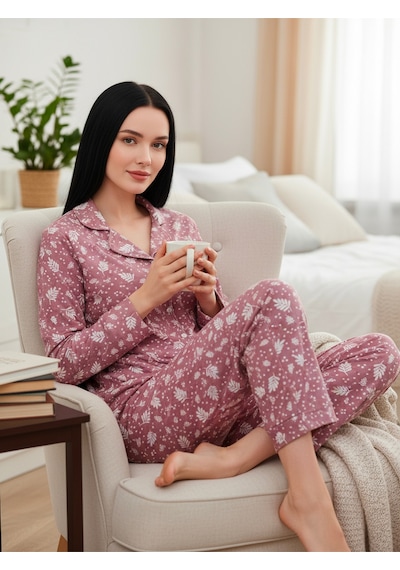 Süet Gömlek Pijama Takımı 7008 Doğa Desen Pudra Pudra