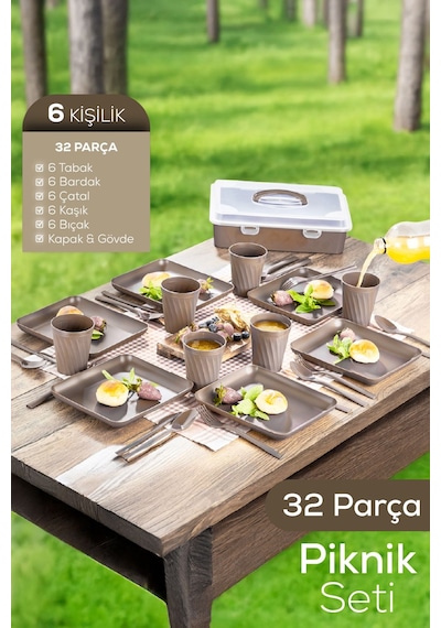 32 Parça 6 Kişilik Taşınabilir Piknik Seti - Saklama Kutulu Bej Bej