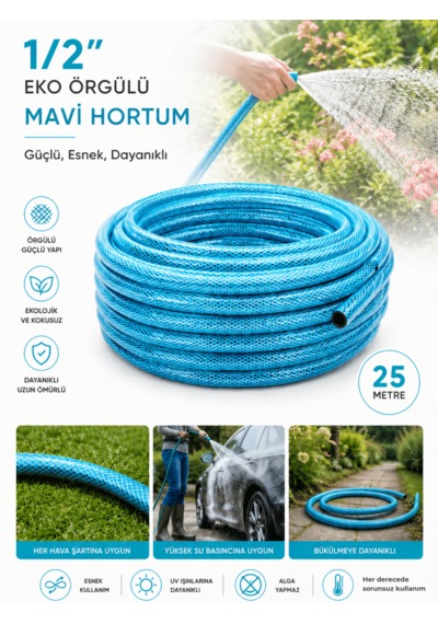 Beylini 1/2" 25 Metre Örgülü Bahçe Hortumu Balkon Bahçe Sulama Temizlik Araç Su Hortumu Dolanmaz Kırılmaz Mavi