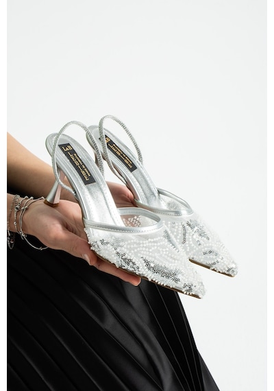 Lebibe Shoes Perıe Gümüş Kadın 7 Cm Topuklu Pullu Payetli Bantlı Abiye Gelin Düğün Ayakkabısı Terliği