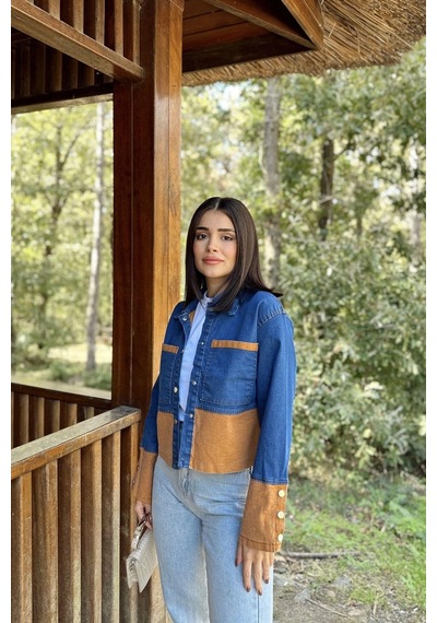 Kadın Mavi & Turuncu Denim Kontrast Çift Renk Detay, Ön Düğmeli Manşetli, Kot Ceket Turuncu