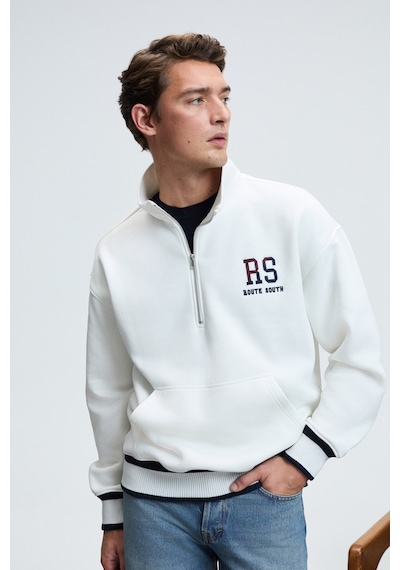 Grimelange PLATA Erkek Yarım Fermuarlı Kanguru Cepli Etek Ve Kolda Triko Detay Relaxed Fit Ekru Sweatshirt