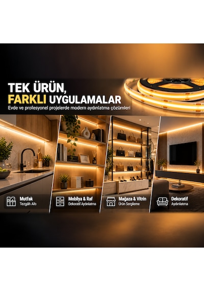 Cob Şerit Led 12v 300 Led/m Crı 90+ Noktasız Aydınlatma Natürel Beyaz 4000k 10 Metre