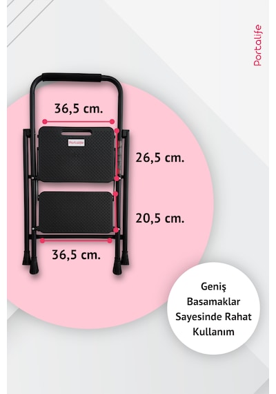 Portalife 2 Basamaklı Uzun Tutacaklı Şık Siyah Çelik Merdiven 100 Cm'ye Kadar