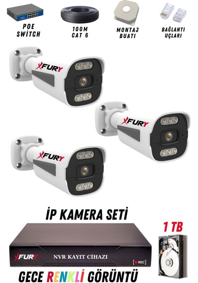 Fury 3 Kameralı Ip Güvenlik Kamerası Seti 4mp Gece Renkli Su Geçirmez 1506 1tb
