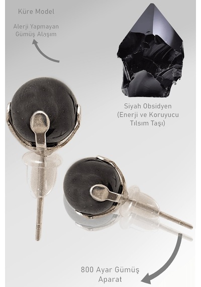 Sertifikalı Gerçek Siyah Obsidyen Taşı Nokta Doğal Taş Küpe Çok Renkli