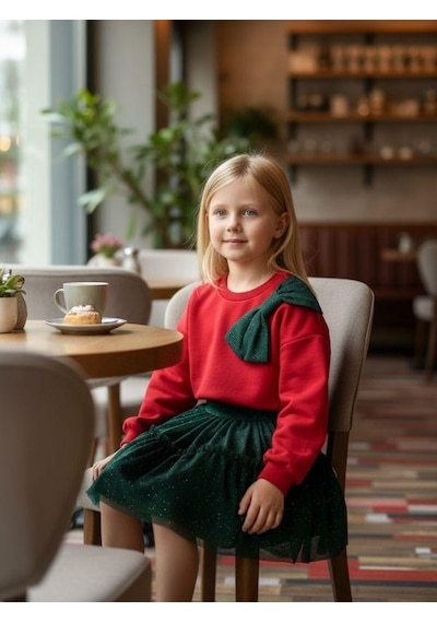 Zekids Kız Çocuk Büyük Fiyonk Detaylı Simli Etekli Takım-16425 Kırmızı