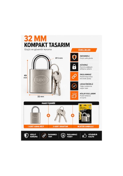 Tudor Yıldız 32 Mm Çelik Asma Kilit Anahtarlı Blister Ambalajlı Depo, Kepenk, Dolap, Bisiklet Ve Çanta İçin Diğer