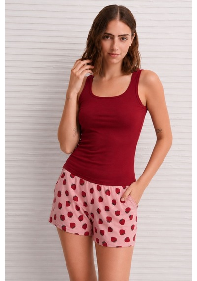 Nisanca Kadın Çilek Desenli Şortlu Pijama Takımı Bordo Basic Atletli Ev Giyim- Rahat Yazlık Takım