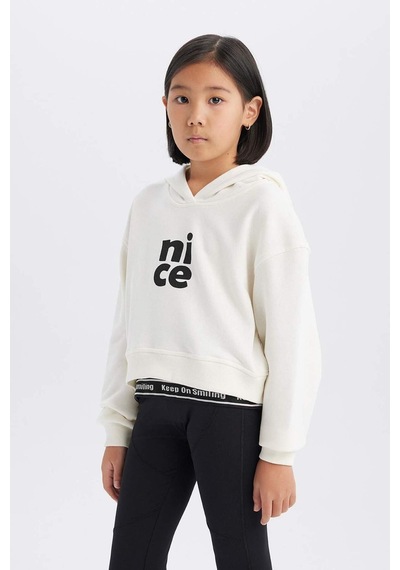 DeFacto Kız Çocuk Relax Fit Kapüşonlu Baskılı Sweatshirt E0462A825SPER85 Ekru