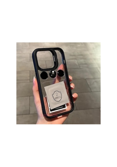 İphone 15 Pro Max Uyumlu Kılıf Kamera Korumalı Pencere Standlı Arkası Şeffaf + Lens Koruyucu Resimde Görünen