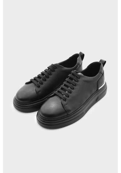 Derinet Hakiki Deri Bağcıklı Yüksek Taban Erkek Sneaker Siyah Siyah