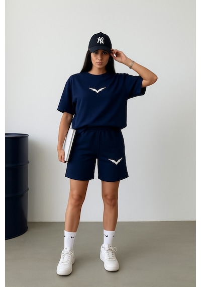 Kanat T-shirt Şort - Lacivert Alt Üst Kombin Şort Tişört Takım Baskılı Oversize Bisiklet Yaka Lacivert Kanat T-shirt Şort - Lacivert Alt Üst Kombin Şort Tişört Takım Baskılı Oversize Bisiklet Yaka Lacivert