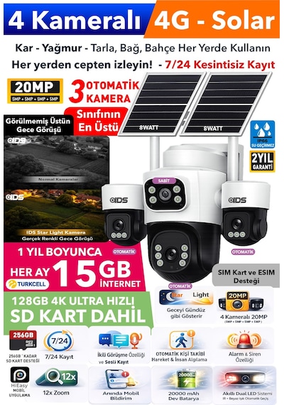 4 Kameralı 3 Otomatik 20mp 4g Güneş Enerjili Solar Güvenlik Kamerası 180gb İnternet 128gb Sd Kart