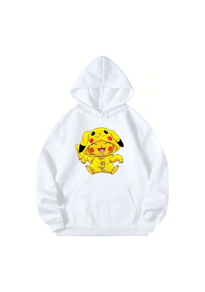 Startmore Adrift Unisex Erkek/kadın Pikachu Renkli Özel Baskılı Oversize Kapüşonlu Sweatshirt Beyaz Beyaz