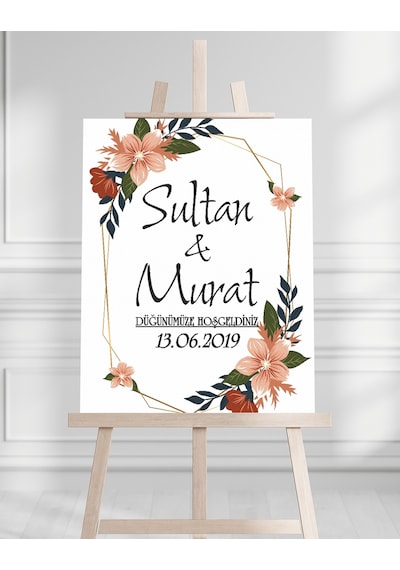 Söz Nişan Düğün İçin 50x70 Karşılama Panosu - Renkli Çiçek Temalı 111 Beyaz