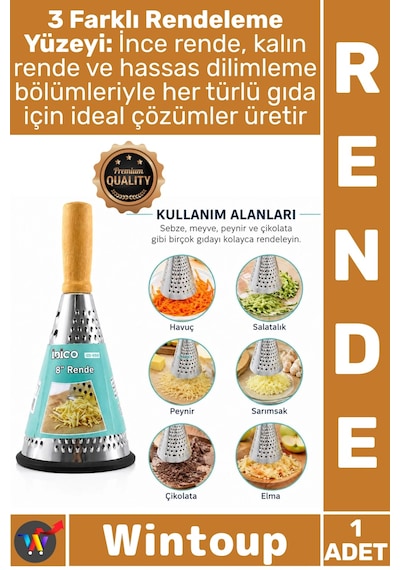Rende Mutfak Sebze Ahşap Bambu Saplı Silikon Taban 3 Bölümlü Paslanmaz Çelik Şık Huni Model Rende Çok Renkli
