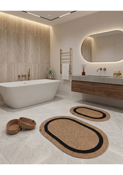 Senza Atelier Modern Hasır Dokulu Banyo Seti - 2 Adet Oval Paspas & 2 Adet Düzenleyici Sepet - Hasır Siyah