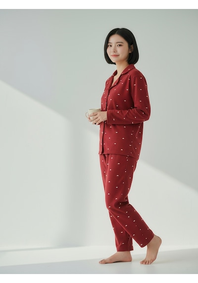 Süet Gömlek Pijama Takımı 7004 Puantiyeli Kırmızı