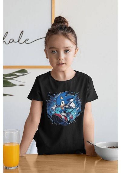 Sevbano Süper Sonic Baskılı Unisex Çizgi Film Çocuk Tişört 1-12 Yaş SIYAH