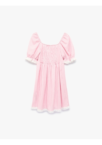 Koton Kare Yaka Balon Kollu Dantelli Pötikare Midi Elbise Pembe Ekose 6skg80099ak