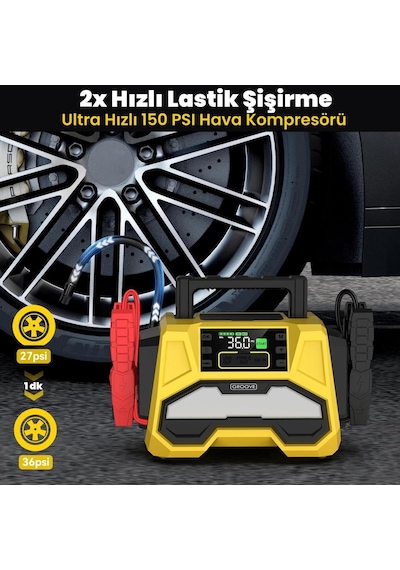 Groove F05 42000mah 8000a Akü Takviye Cihazı +lastik Şişirme Kompresörlü Taşınabilir Jump Starter+pd 30w Hızlı Şarj Kompresör+powerbank+led Lamba+lcd Ekran