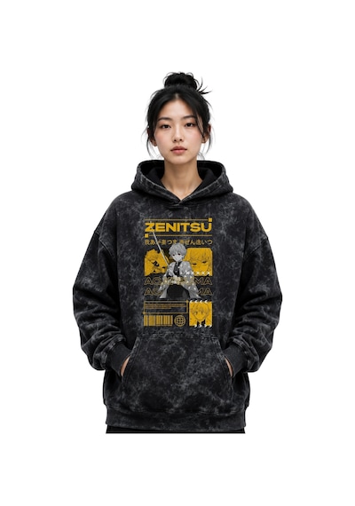 Sevbano Zenitsu Agatsuma Kimetsu No Yaiba Anime Baskılı Unisex Oversize Y Siyah