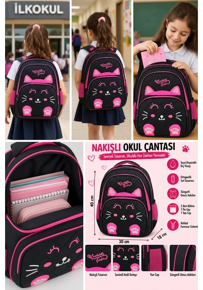 Nakışlı Kedi Siyah Pembe İlkokul Çantası Suya Dayanıklı Ortopedik Sırt Çantası 40x30x18 Cm Çok Renkli