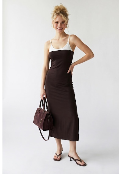 Mixray 2132 Kadın Bodycon Vücudu Saran Askılı Yırtmaçlı Maxi Elbise Kahve