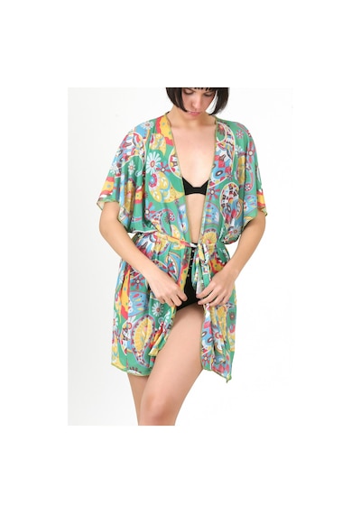 Pareo Plaj Elbisesi Kimono Std Yazlık Oversize Tül Gömlek Kemerli Elbise Şal Desen Yeşil