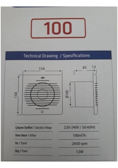 Horoz 100'lük 10 CM Banyo ve Tuvalet Aspiratör Havalandırma Fanı
