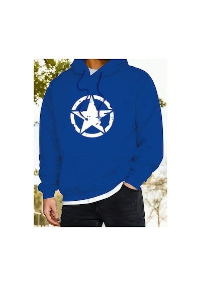 Herkesemoda Yıldız Baskı Detaylı İçi Polarlı Kapüşonlu Sweatshirt Mavi
