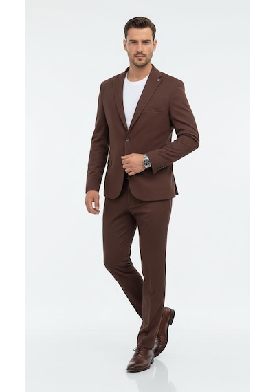 Erkek Slim Fit Mikro Dokulu Takım Elbise Çift Düğmeli Modern Kesim Kahverengi