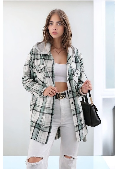 Mamayaga Kadın Desen Bloklu Oduncu Oversize Geniş Kalıp Casual Cepli Kapüşonlu Uzun Boy Ceket Gömlek Beyaz - Yeşil Mamayaga Kadın Desen Bloklu Oduncu Oversize Geniş Kalıp Casual Cepli Kapüşonlu Uzun Boy Ceket Gömlek Beyaz - Yeşil