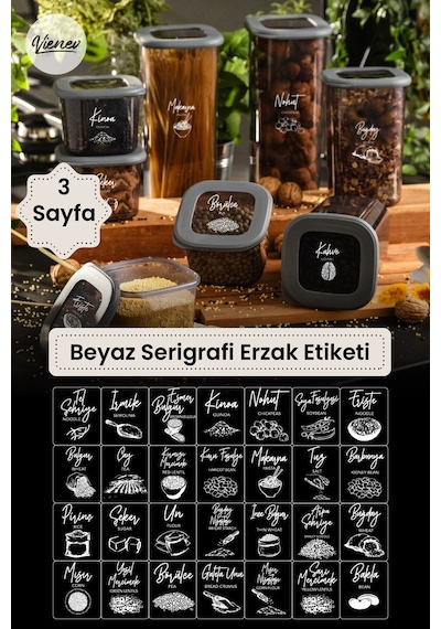 Vienev 3 Adet Beyaz Serigrafi Erzak Etiketi Çok Renkli