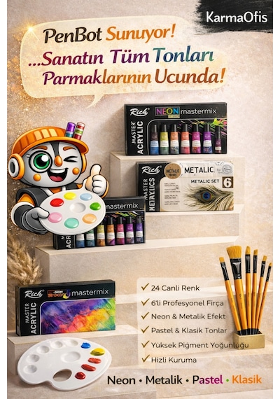 Profesyonel Akrilik Boya Seti 24 Renk Neon + Metallic + Pastel + Klasik 6 Lı Fırça & Palet Dahil Ekru