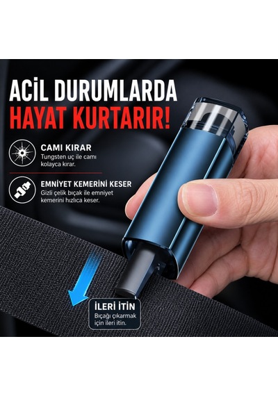 Polham 2in1 Araç İçi Acil Durum Cam Kırıcı Ve Emniyet Kemeri Kesici Tungsten Çelik Uçlu Güvenlik Aparatı