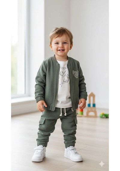 Bontino Erkek Çocuk Sweatshirt, Hırka Ve Pantolonlu %100 Pamuk 3'lü Spor Takım Haki