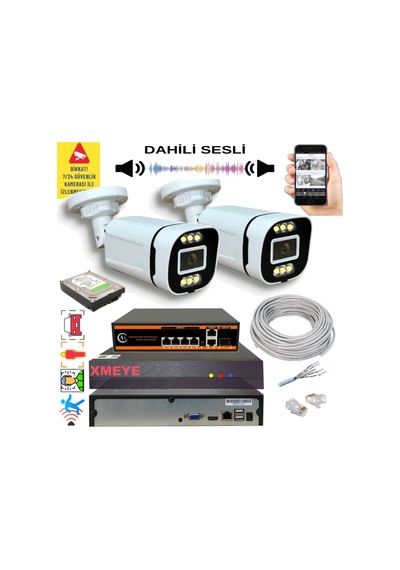 2 Li Yapay Zeka Destekli 5 Mp Görüntü Poe Bağlantılı Sesli 6 Warm Led Gece Renkli Ip Kamera Seti 4386ws