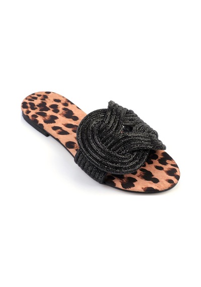 Shoetek Anwen Kadın Terlik Geçmeli Banlı Taşlı Siyah/leopar LEOPAR Kahverengi