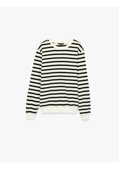 Koton Uzun Kollu Üç İplik Şardonlu Bisiklet Yaka Çizgili Sweatshirt Siyah Çizgili 7wam70265mk
