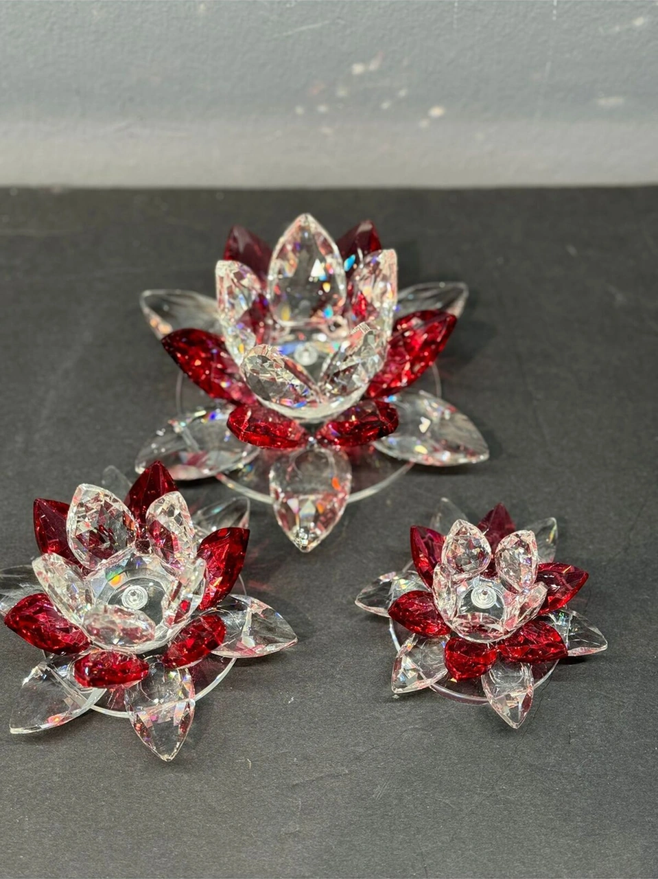 Dekoratif Kristal Cam Üçlü Cam Lotus Mumluk Kırmızı
