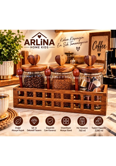 3 Lü 760 Ml Cam Kavanoz & Akasya Stand Seti Cam - Şeffaf