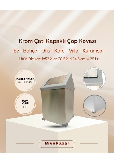 Krom Sallanır Çatı Kapaklı Çöp Kovası 25 Lt